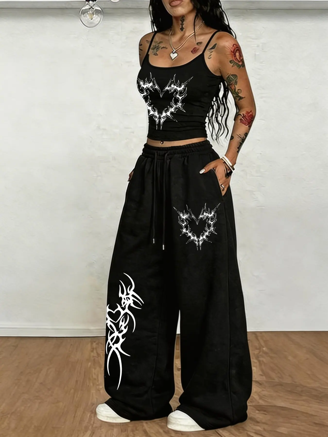 Black Tribal Heart Spikes Print Crop 2-Piece High Waist Pants Set - 2026 Trending Y2K Goth Statement Style Outfit, Soft Stretch Fabric Perfect for Festivals & Streetwear