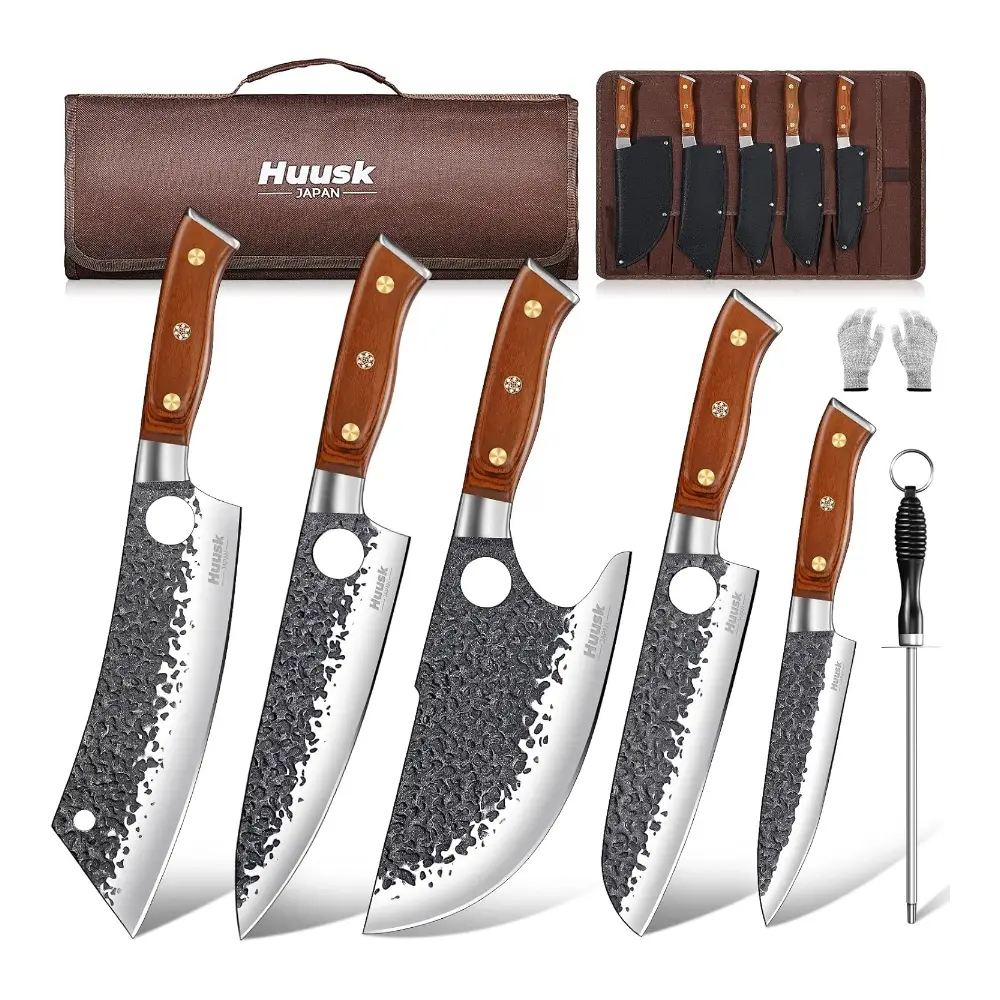 Huusk Butcher Knife Set, 8pcs Viking Chef Knife Set with Roll Bag, High Carbon Steel Hand Forged Viking Knife, Meat Cleaver, Kitchen Knives Sets for Cooking Camping BBQ, Gift for Men Husband