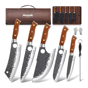 Huusk Butcher Knife Set, 8pcs Viking Chef Knife Set with Roll Bag, High Carbon Steel Hand Forged Viking Knife, Meat Cleaver, Kitchen Knives Sets for Cooking Camping BBQ, Gift for Men Husband