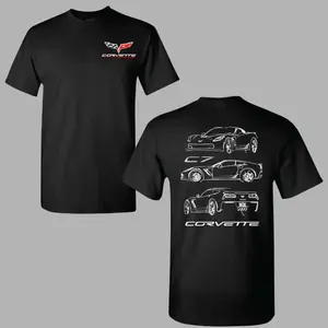 Men's Corvette C7 Line Art Cotton Short-Sleeve Round Neck T-Shirt - Soft, Relaxed-Fit, Vintage Graphic Apparel, White Minimalist C7 Front & Rear Sketch, Fashion Casual Wear for Car Enthusiasts