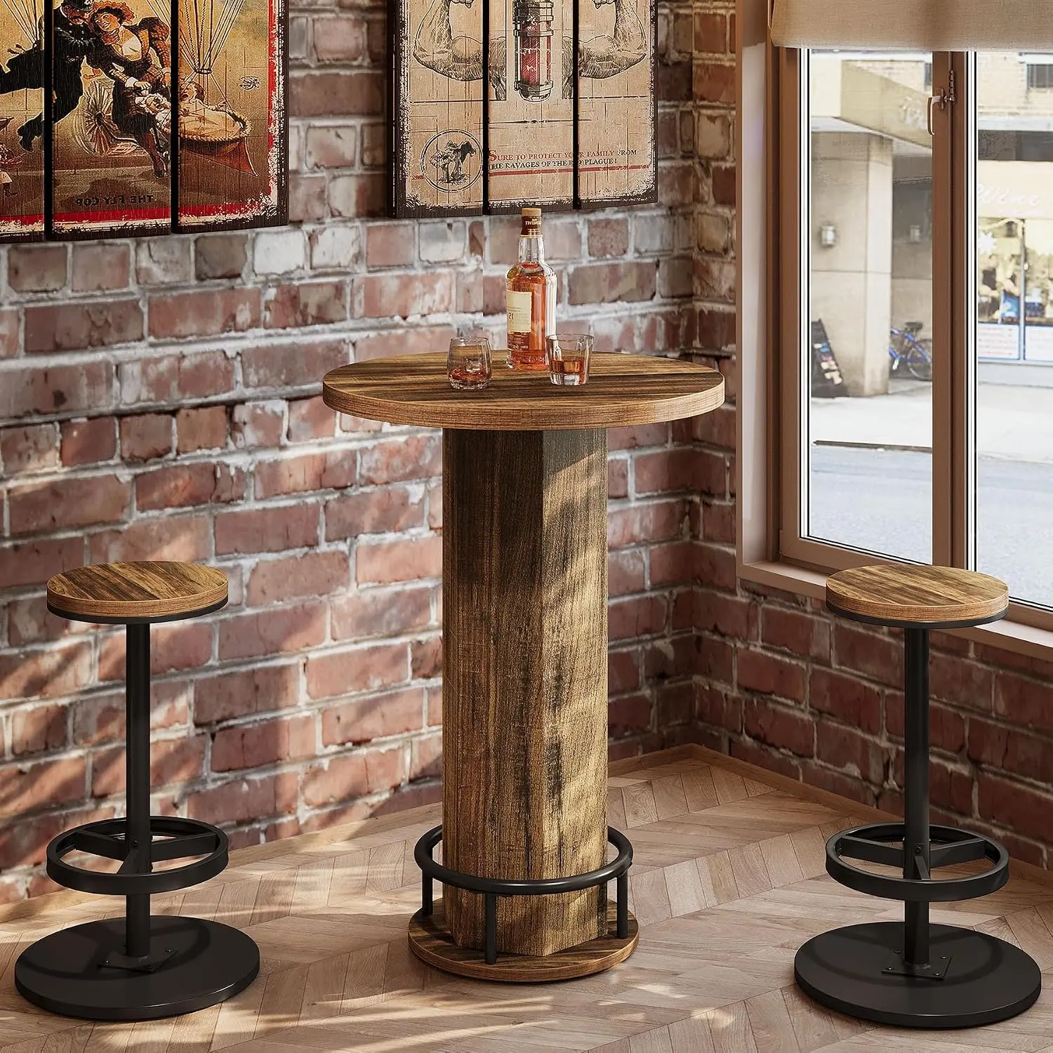 Tribesigns 3-Piece Industrial Bistro Furniture Sets Table - Round Bar Unit with 2 Barstools, Durable Hardware Home Bar Furniture, Dining Table Chairs with Metal Ring Footrest for Kitchen Nook, Small Space