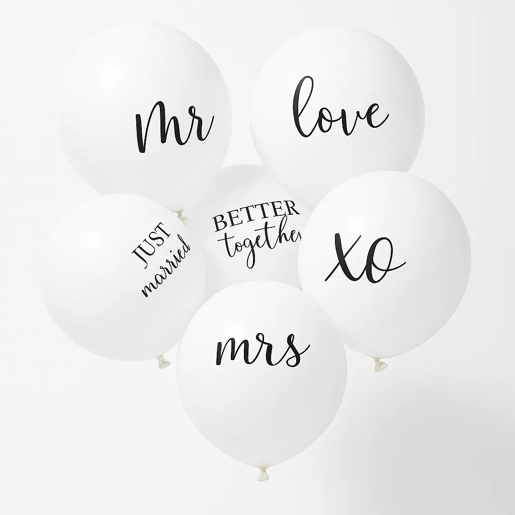 Elegant White Latex Wedding Balloons with Romantic Script, 6-Pack