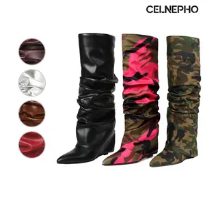 CELNEPHO Womens Slouch Boots Pointed Toe Wedge Heel Fashion Knee High Booties Easy Pull on Formal Wear Date Casual Events Party Dress Shoes
