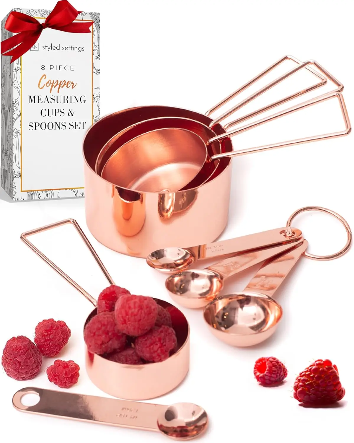 Copper Measuring Cups and Spoons Set – 8-Piece Stackable Stainless Steel Metal Measuring Utensils – Stylish and Sturdy Rose Gold Kitchen Accessories for Baking and Cooking STYLED SETTINGS