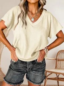 Crinkled V Neck T-Shirt with Wide Sleeves in Sapphire