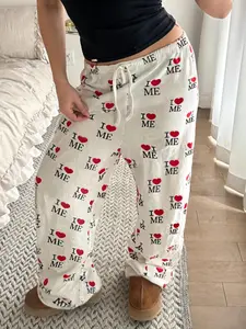 Women's Letter & Heart Print Drawstring Waist Sweatpants, Casual Comfy Straight Leg Trousers for Daily Wear, Ladies Bottoms for All Seasons, Womenswear