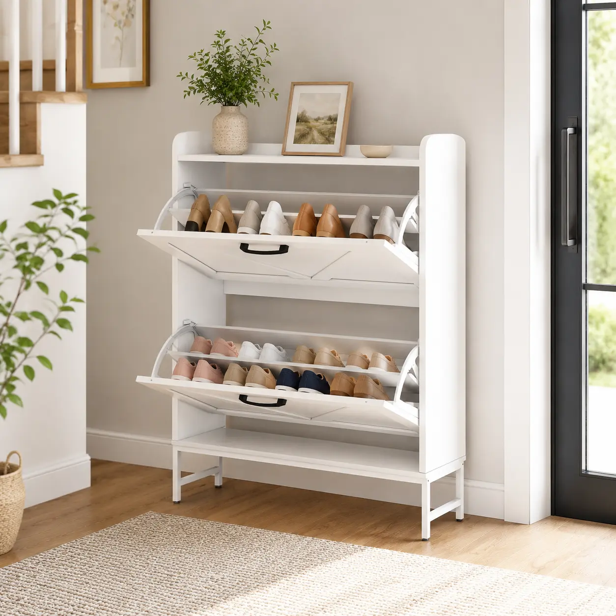 Wooden Shoe Cabinet With Two Drawers And Independent Flip Doors. This Narrow Storage Cabinet Features Hidden Internal Compartments And Is Suitable For Entryways, Living Rooms And Bedrooms.