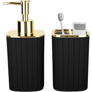 2-piece bathroom accessory set, black and gold bathroom accessories include a soap dispenser and toothbrush holder, suitable for stylish bathroom decor