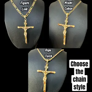 14K Gold/Silver Plated Rustic Style Cross 3" Necklace 18" 24" Figaro/Cuban/Rope Chain Gold Crucifix Jewelry Gifts - Choose the Chain Style