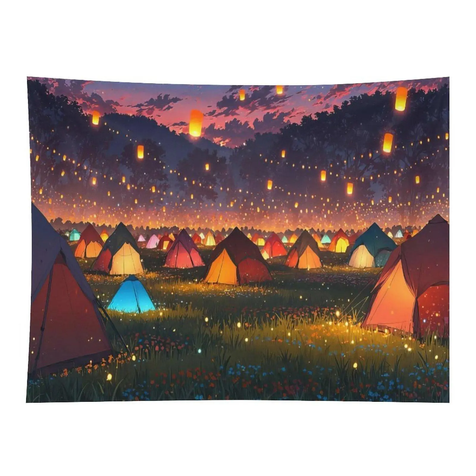 Anime Camping Field Colorful Glowing Tents Sky Lantern Sunset Wildflower Meadow Wall Tapestry Wall Hanging, Dreamy Cottagecore Peaceful Night Landscape Decor for Teen Girls Bedroom Backdrop
