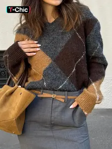 Fashion Casual Aesthetic Argyle Knit V-Neck Loose Long Sleeve Sweater, Fitted Short Style for Fall, Womenswear Knitwear Women's Comfortable Pullover