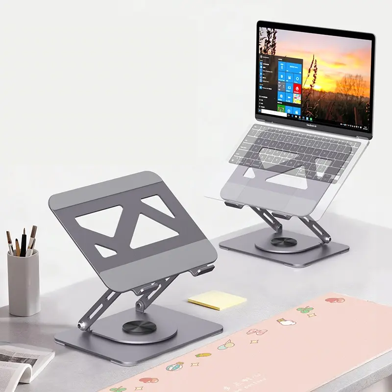 Gray Laptop & Computer Stand with Solid Surface, Stepless Lift, Sturdy Foldable Holder, 360° Rotating, 10kg Load Capacity, Carbon Fiber Surface, Carbon Steel Large Base, Space-Saving for Office Use