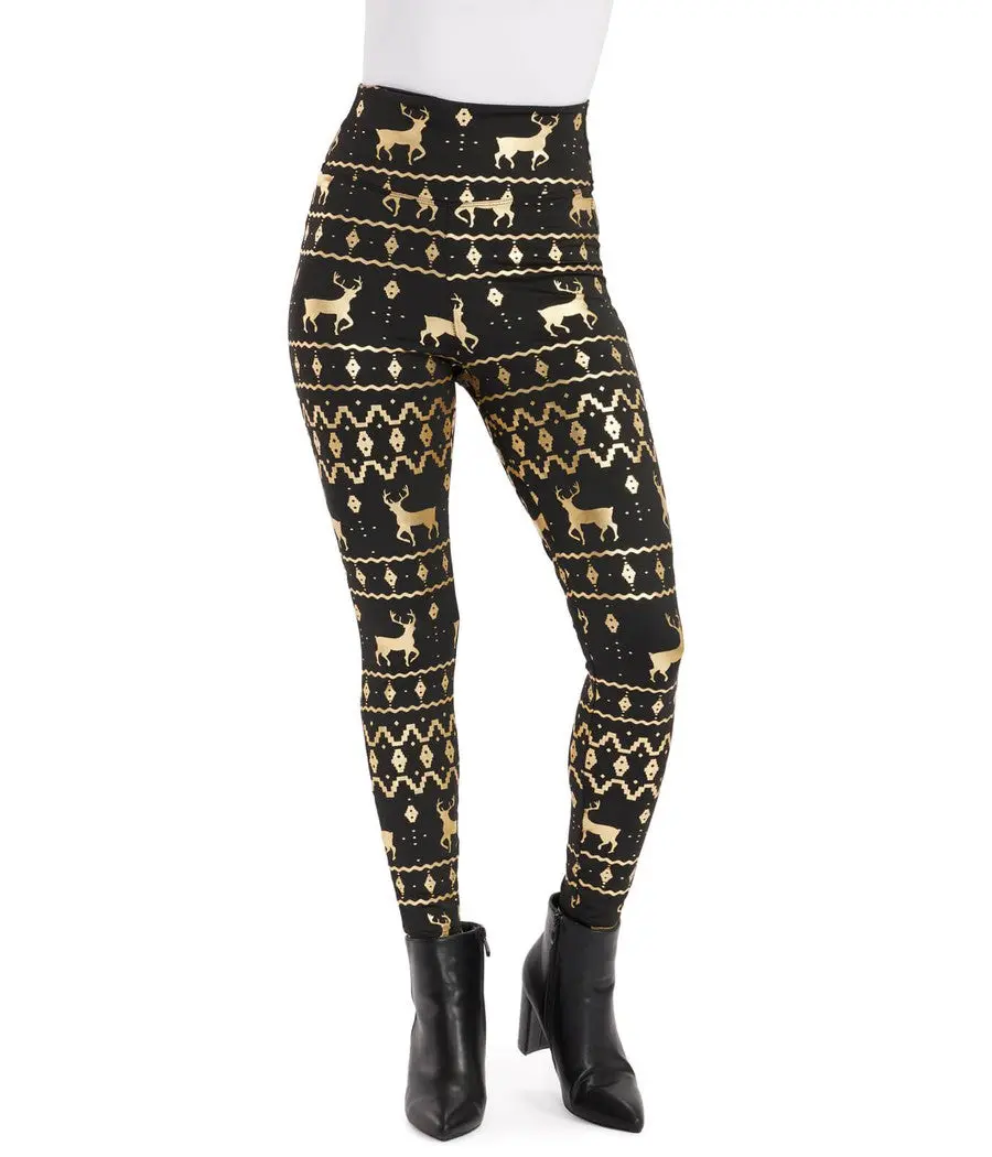 Women's High Waist Black and Gold Fair Isle Full Print Leggings - Elegant Pull-On Bottoms for Festive Christmas Party, Watch Party Occasions