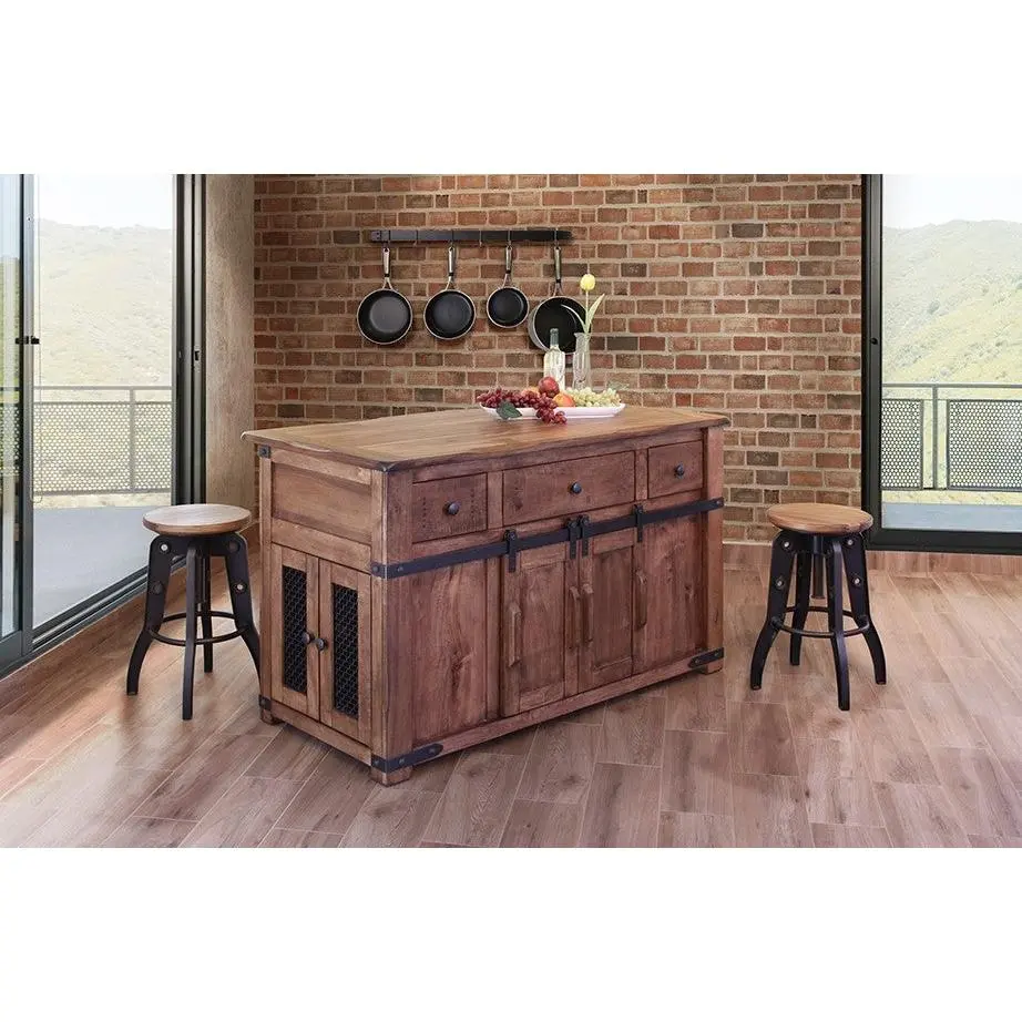 Granville Parota Wood Kitchen Island - Industrial Craftsman Style Standalone Kitchen Furniture, Rustic Finish Wood Top Cabinets, Sliding Door, Hidden Storage, Fully Glide Drawers (59.75w x 31.5d x 36.25h in), With Drawers