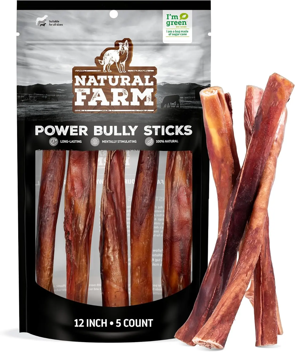 Natural Farm 12-in Power Bully Sticks Multi-Pack - Award-Winning Rawhide-Free Dog Treats, All-Natural Beef Cheek Muscle & Pizzle Sheath, Long-Lasting, High Protein Snacks, Collagen-Packed (12-Count)