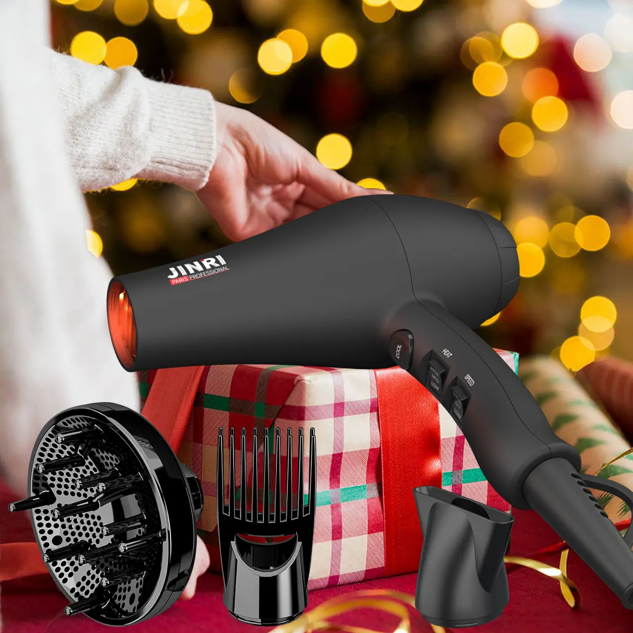 JINRI Blow Dryer - 1875W Ionic Infrared Hair Dryer, 3 Heat & 2 Adjustable Wind Speed Settings, Diffuser, Concentrator, Detachable Air Intake, Hanging Strap, Non-Foldable Black Beauty Product with Storage (TikTok Shop Back to School), Beauty Products