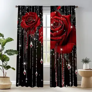 2-Piece Pearl Rose Print Curtain Set, Durable Semi-Transparent Polyester Fabric, Washable, Ideal for Bedroom/living Room/library, Window Curtain, Room Decor Curtain