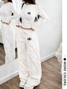 Women's Casual Youthful Style Set, Womenswear, Slim Fit Round Neck Crewneck Long Sleeve Top, Straight Leg Pants, Fashion Floral Tree Pattern, Perfect for Daily Wear
