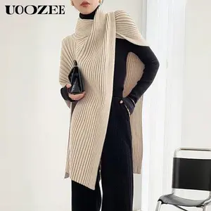 UOOZEE Women's 2025 New Autumn Winter High-Neck Turtleneck Sweater - Plus Size Loose Asymmetric Split-Joint Pullover, Nylon Knit Outfits with Great Elasticity, Breathable Casual Top for Christmas