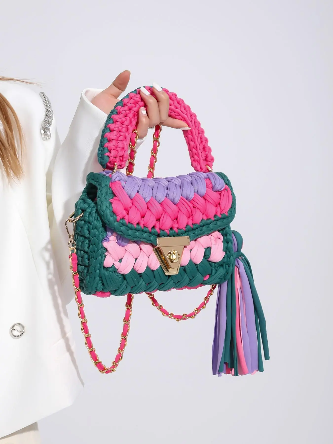 Women's Colorful Crochet Purse Crossbody Chain Bag, Fashionable Knitted Shoulder Bag for Daily Used, Casual Trendy Versatile High-quality Daily Commuting Bag, Crossbody Shoulder Bags