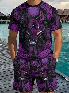 Purple Pattern Magic Wolf Trendy Cool 3D Digital Print Two-Piece Set, 2Pcs, Trendy Fashion Set, Trendy Retro Casual Two-Piece Set, Vacation Style Trendy Outfit, Breathable Sports Casual Style, Perfect Holiday Gift for Men