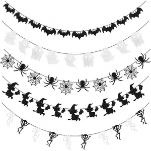 CCINEE Halloween Bat Banner Spider Ghost Skeleton Witch Garland, 5 PCS White Black Glitter Banner Garland for Halloween Party Haunted House Classroom Firepalce Indoor Outdoor Decorations