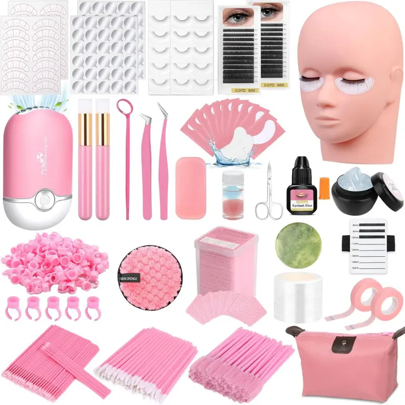 Lashes Kit for Eyelash Extension Beginner Lash Tech Starter Kit with Eye Lash Mannequin Head, Professional Eyelash Extension Kit with Lash Fan, Extension Glue and Eyelash Remover for Practice