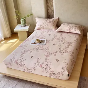 3-Piece Twin Queen Size BED Sheet set , Decorative Bedsheet Sets, Soft Breathable Linen Like Fabric with Elegant Leaves Bird Pattern, Includes Fitted Sheet & 2 Pillowcases