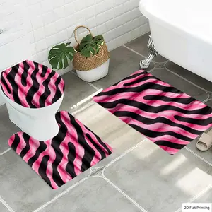 1/3Pcs MODERN PINK AND BLACK ZEBRA PRINT FABRIC Bathroom Mat Set, Flannel Non Slip Bath Rug, Toilet U-Shape Mat, Toilet Lid Cover, Thickened Soft Absorb Water, Microfiber Surface Memory Foam Cushion, Home Bathr