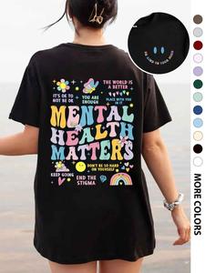 women's "mental health matters" slogan print crewneck tee, streetwear cartoon smile face & letter print drop shoulder tshirt, womenswear shortsleeve top, back to school clothes, lady clothes for fall, gender neutral products