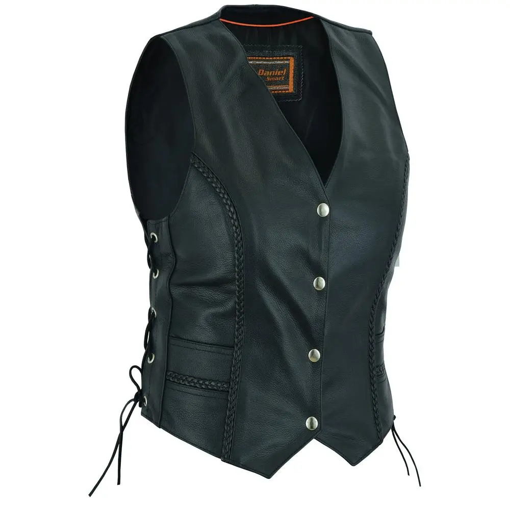 DANIEL SMART Women's Braided Leather Bike Style Motorcycle Protective Vest - 1.1-1.2mm Soft Milled Cowhide, Thick Braid Detailing, Adjustable Side Laces, 2 Outside Pockets, Fully Lined, Laced Riding Vests, Bike Style Vests