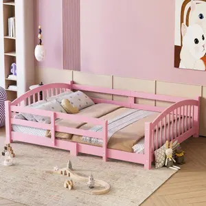 [Bellemave]Twin/Full Montessori Floor Bed with Slats and Safety Guardrails, Solid Wood Floor Bed with Fence and Without Door, Easy Assemble Montessori Bed for Girls and Boys,