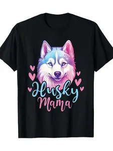 Men's Husky Mom-Siberian Husky Master Pet Animal Lovers 220g 100% Cotton T-Shirt, Menswear, Classic Casual Round Neck Short-Sleeve, Minimalist Style, Soft Fabric, Halloween, Summer Essential