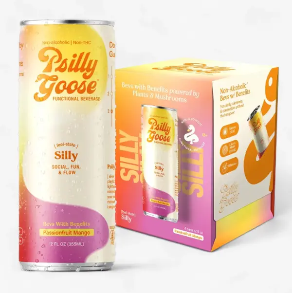 Psilly Goose Kanna & Lion's Mane Mocktail 4-Pack – Passionfruit Mango Sparkling Functional Drink, Non-Alcoholic, 40 Calories, No Added Sugar