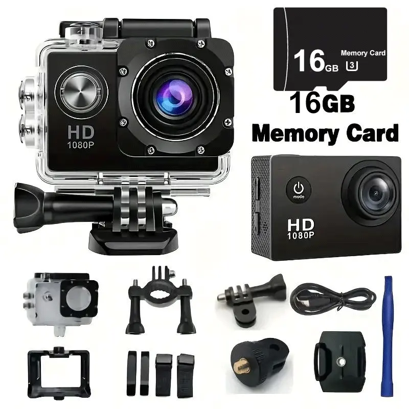 Sports action camera, HD 1080P 2-inch LCD screen, 5 megapixel action camera, 300 mAh battery, waterproof 140 ° wide-angle wide-angle field of view, bike camera cycling swimming climbing and other outdoor sports with the gift of shooting!