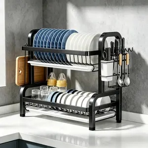 Space Saving Dish Drying Rack for Small Kitchens, 2 Tier Kitchen Counter Organizer with Drainboard & Utensil Holder, Large Capacity Dish Storage Rack, Apartment Must Haves, Kitchen Organization Essential