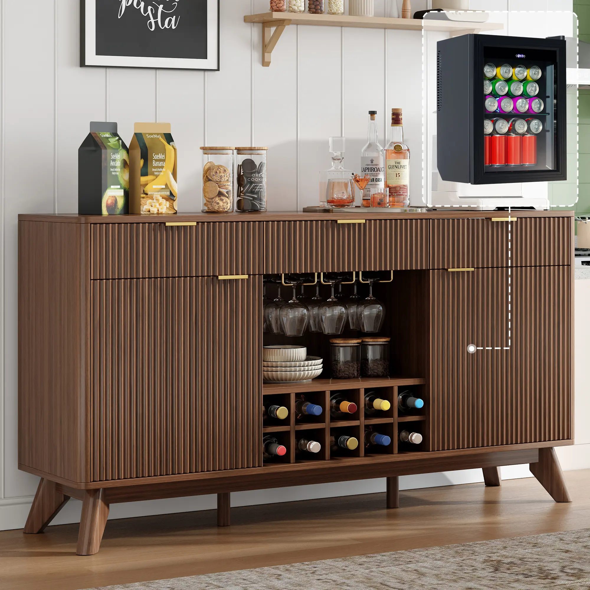[Ships in 2 Boxes]AMERLIFE 60" Coffee Bar Cabinet with Fridge (Included), Fluted Wine Bar Cabinet with Wine Rack and Glass Holder, Buffet Sideboard Table for Home with 3 Drawer & Storage