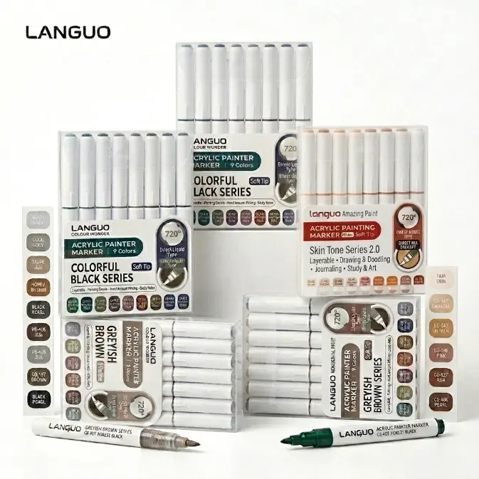 Languo 9x Premium Multicolor Skin Tone Liquid Acrylic Markers - Pump-Free Portrait Paint Pens for Artists' Anime Art, Quick-Dry Large Capacity Office Stationery with Flawless Coverage, Precision Stylus Tip, Fair & Tanned & Bronze Tones Gift
