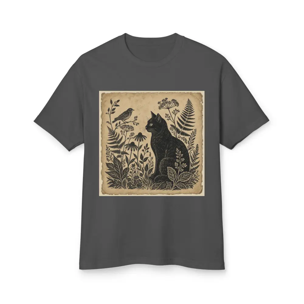 Vintage Cat Botanical Tee Linocut Print Shirt Black Cat Nature Lover Cottagecore Tee