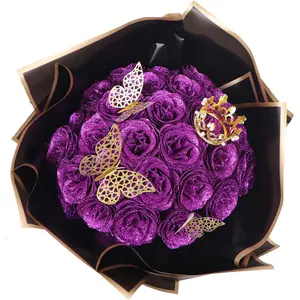 DIY Glitter Roses: Artificial Bouquet of Shiny Blue, Red, Pink, and Purple Faux ,  for Mothers Day Gift, Anniversary, Weddings - 25 Roses (Purple)