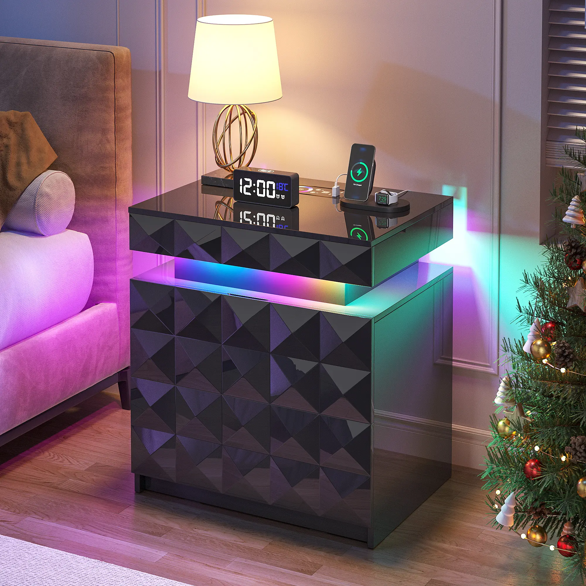 Dystler Contemporary End Table Nightstand Set - 3 Drawers, Lockable Hidden Storage, Charging Port, Motion-Sensor RGB Mood Light for Bedroom, Motion‑Sensor Light