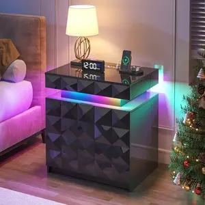 Dystler LED Nightstand Set of 2 with Charging Station,3 Drawers Night Stand with Lockable Hidden Storage,Smart Bedside Table with Human Sensor RGB Lights for Bedroom,Black