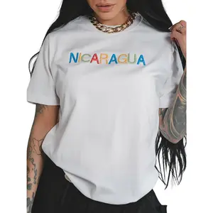 Women's Nicaragua Letter Print Cotton T-Shirt - Loose Elastic Crew Neck Casual Short Sleeve Streetwear Top
