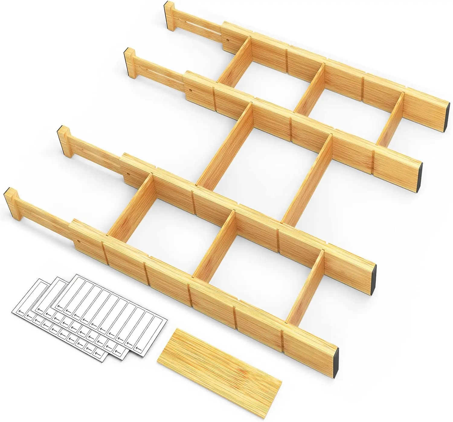 Bamboo Drawer Dividers with Inserts and Labels, Kitchen Adjustable Drawer Organizers, Expandable Organization for Home, Office, Dressers, 4 Dividers with 9 Inserts (17"-22" Natural)