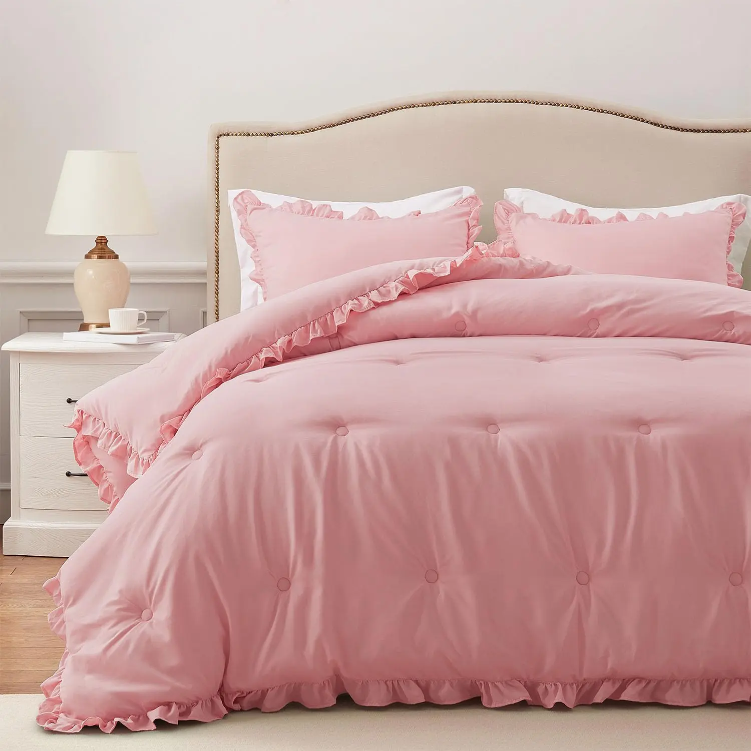 Queen Comforter - Pink Ruffle Comforter for Queen Size, Fluffy Comforter, 3 with 1 Comforter  2 Pillow Shams