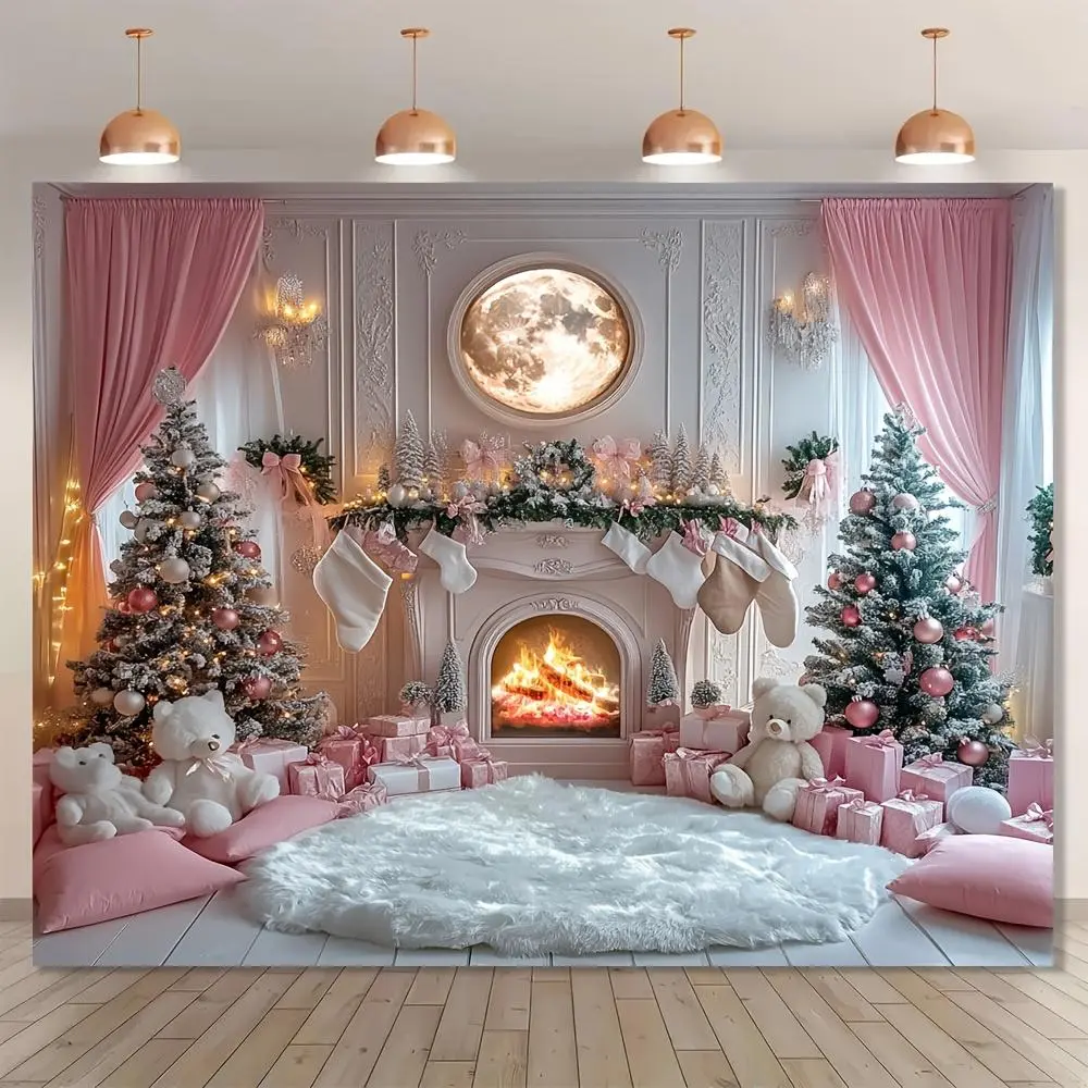 1pc 2D Flat Polyester Christmas Backdrop - Pink Fireplace Scene with Trees & Gifts, Soft Texture, Washable, Glam Look Festival Party Supplies, No Electricity Needed Winter Holiday Outdoor Decorative Throw Blanket