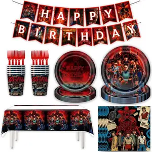 New 5/7 Piece Stranger Things Happy Birthday Theme Party Supplies Set, Scene Decoration Kit, Plates, Napkins, Cups, Festive Essentials, Birthday Party Decorations