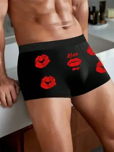 1 Piece: Men's Sexy Lips Print Boxer Briefs, Playful "Kiss Me" Romantic Print, Breathable Elastic Waistband, Running & Fitness Shorts, Comfortable Underwear Design, Valentine's Day Gift, Letter Print Briefs