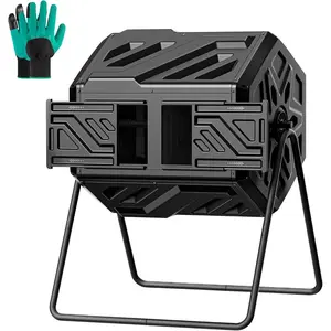 43 Gallon Dual Chamber Compost Bin with Built-in Nuts, Outdoor Rotating Composter Tumbler for Garden Backyard, Black