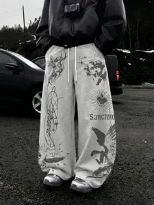 Men's "Sanctum Angel" Graphic Print Wide Leg Sweatpants, 100% Polyester, Soft & Comfortable, Streetwear Casual Pants, Ideal for Daily Wear & Dark Grunge Aesthetic